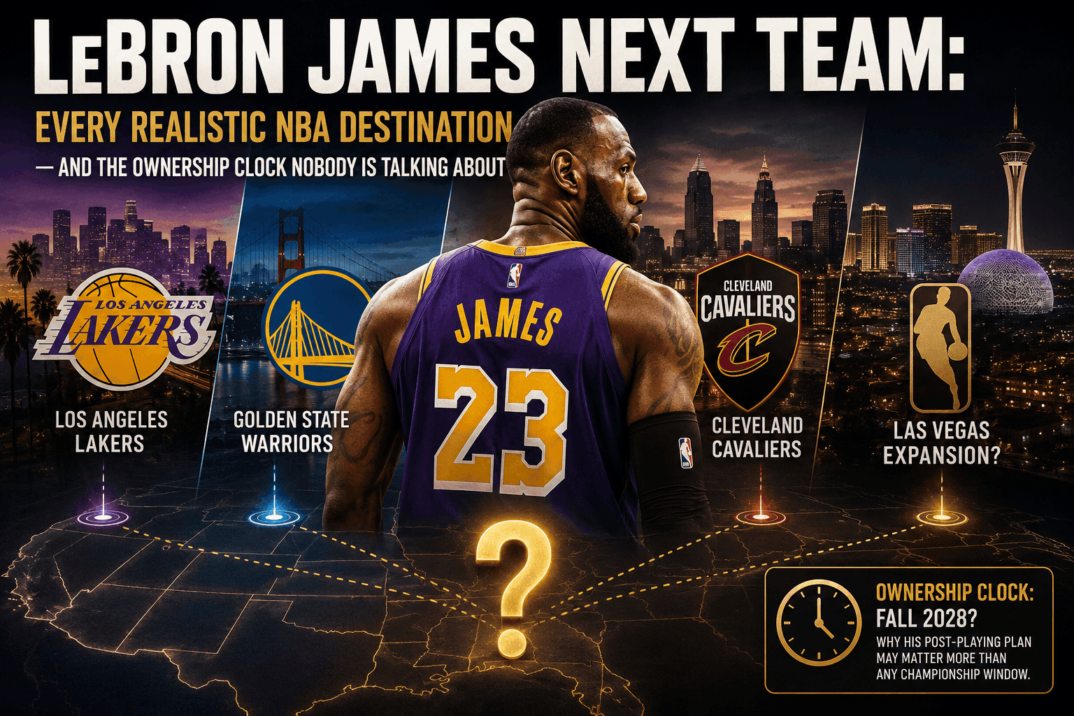 Infographic showing LeBron James's realistic next NBA destinations: Los Angeles Lakers, Golden State Warriors, Cleveland Cavaliers, or a Las Vegas expansion team, with a note about an ownership clock deadline of Fall 2028