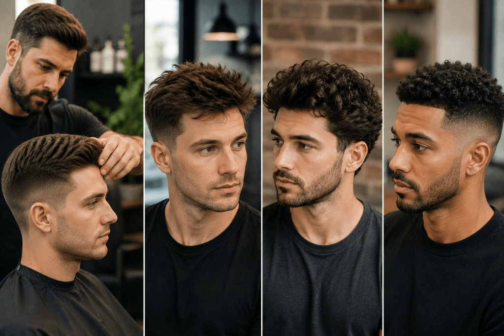 Four men showing low-maintenance haircut styles: a tapered crew cut being finished by a barber, a textured crop, a curly fringe with fade, and a tight curl with skin fade
