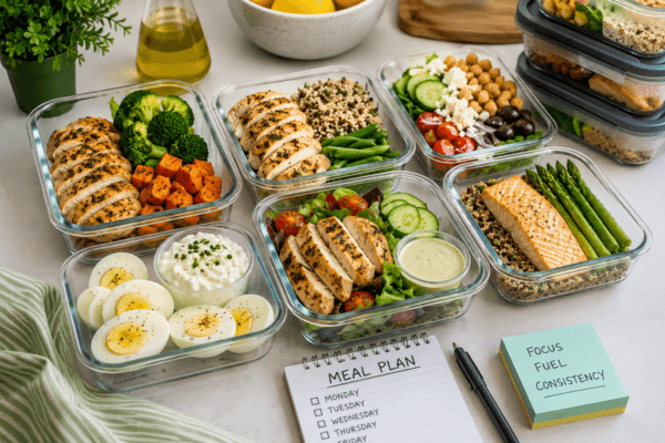 Assortment of healthy meal-prep containers filled with grilled chicken, salmon, eggs, quinoa, fresh vegetables, salads, and high-protein snacks arranged on a kitchen countertop. A weekly meal plan notebook and motivational note emphasize nutrition planning, portion control, healthy eating habits, and fitness-focused food preparation.