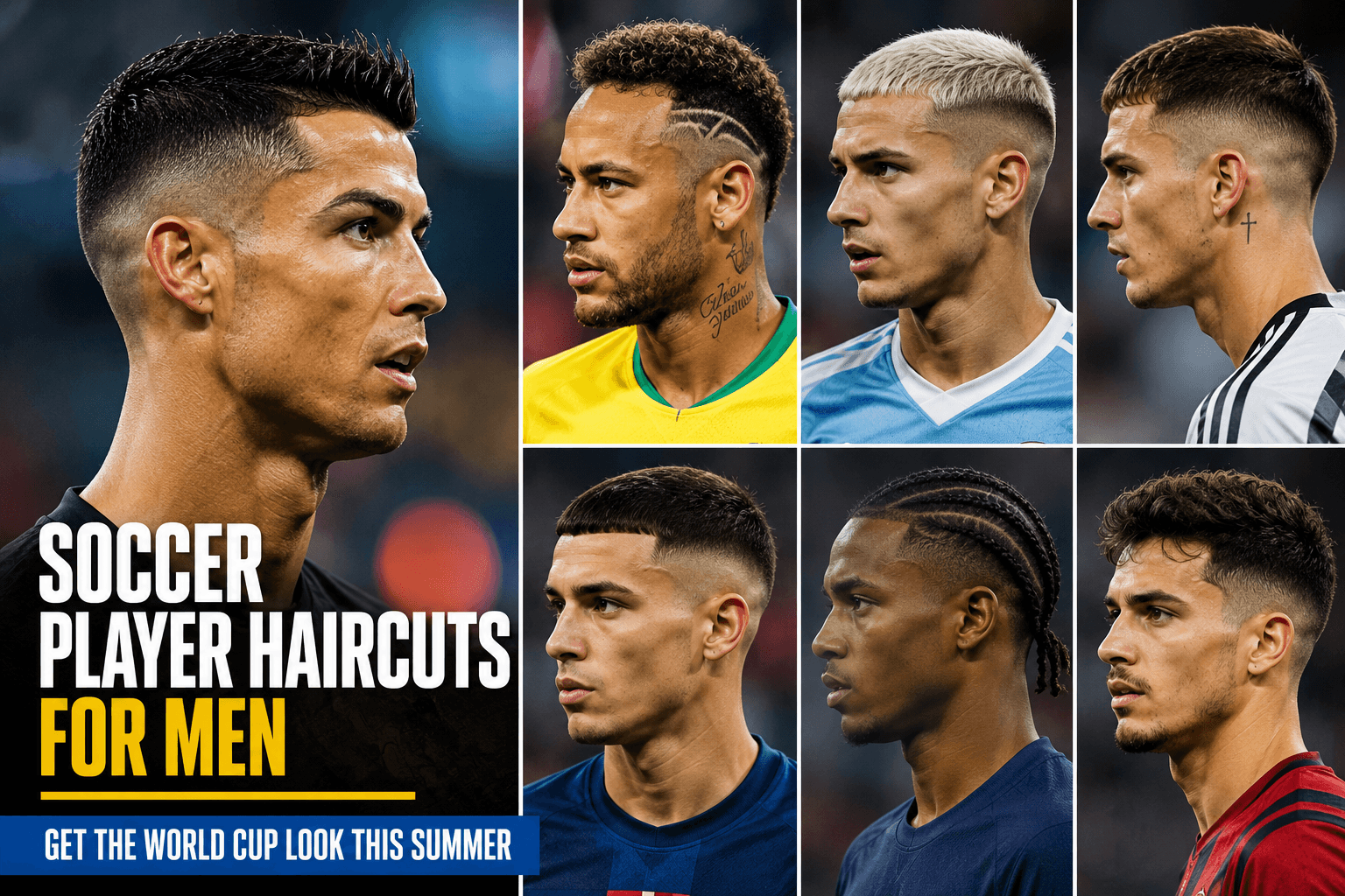 Soccer player haircuts for men — get the World Cup look this summer, featuring seven male soccer players with various hairstyles
