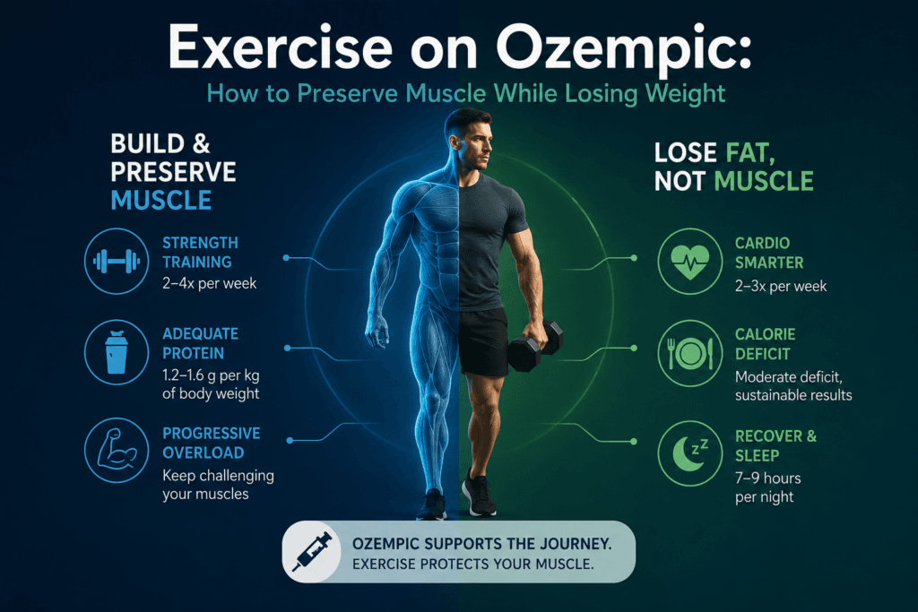 Infographic: Exercise on Ozempic — How to Preserve Muscle While Losing Weight. Build and preserve muscle with strength training 2–4x per week, adequate protein 1.2–1.6 g per kg of body weight, and progressive overload. Lose fat, not muscle, with cardio 2–3x per week, a moderate calorie deficit, and 7–9 hours of sleep. Caption: Ozempic supports the journey. Exercise protects your muscle