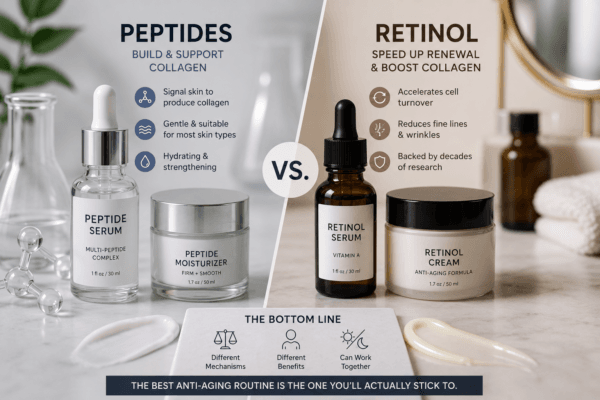 Infographic comparing peptides and retinol skincare ingredients. Peptides build and support collagen; retinol speeds up renewal and boosts collagen. Both have different mechanisms and benefits but can work together. The best anti-aging routine is the one you'll actually stick to