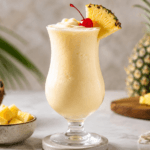 Frozen piña colada in a hurricane glass, garnished with a pineapple slice and maraschino cherry, surrounded by fresh pineapple chunks and a halved coconut