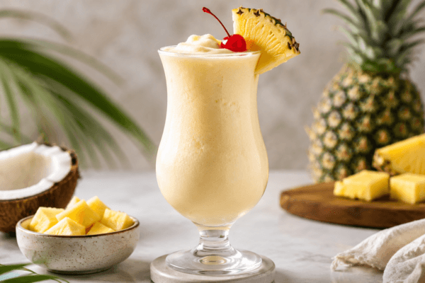 Frozen piña colada in a hurricane glass, garnished with a pineapple slice and maraschino cherry, surrounded by fresh pineapple chunks and a halved coconut