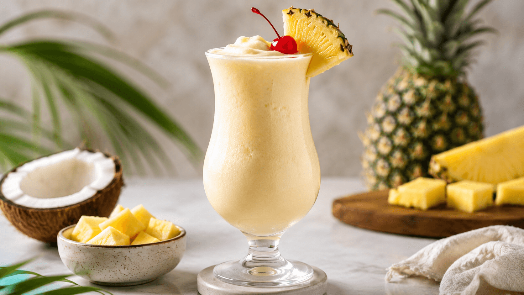 Frozen piña colada in a hurricane glass, garnished with a pineapple slice and maraschino cherry, surrounded by fresh pineapple chunks and a halved coconut