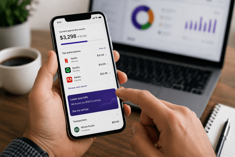Rocket Money app dashboard showing $3,298 monthly spend, subscriptions for Netflix, Spotify, and Adobe, and a bill savings prompt of $192