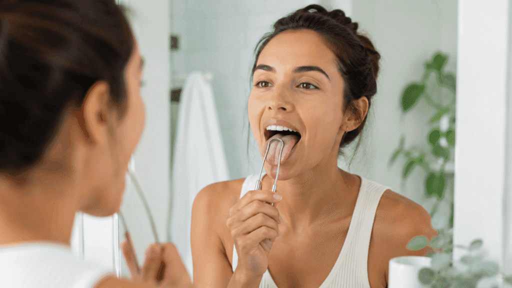 Woman using a metal tongue scraper in front of a bathroom mirror
