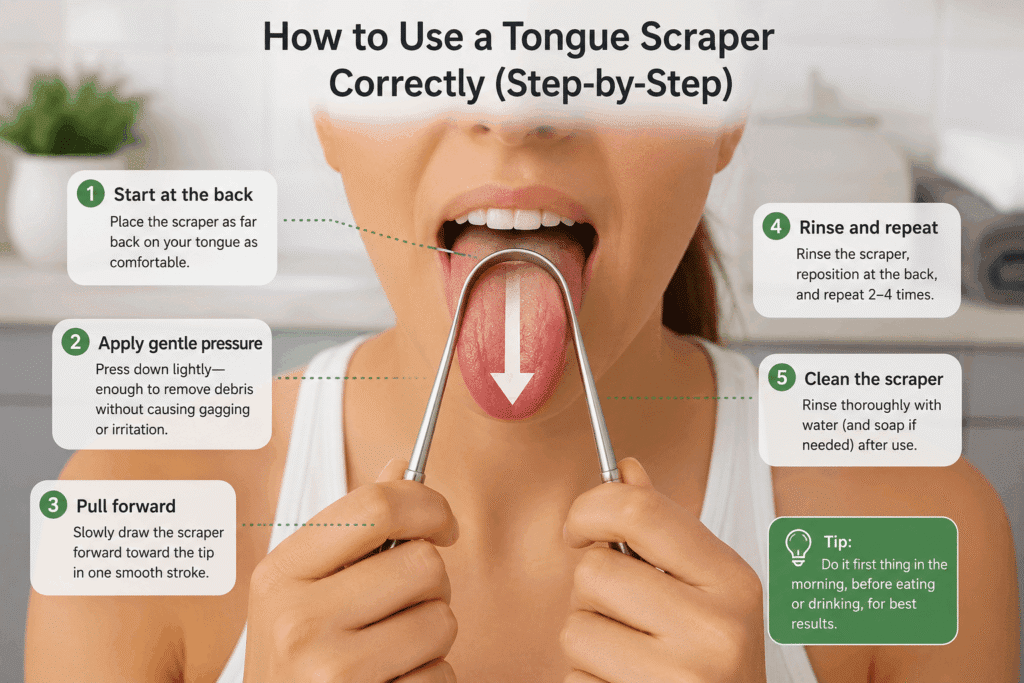 Infographic showing 5 steps for tongue scraping: start at the back, apply gentle pressure, pull forward, rinse and repeat 2–4 times, then clean the scraper. Tip: scrape first thing in the morning before eating or drinking