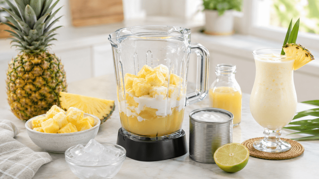 Blender filled with frozen pineapple chunks and cream of coconut, surrounded by a whole pineapple, bowl of frozen pineapple, ice, canned cream of coconut, pineapple juice, lime, and a finished virgin piña colada garnished with a pineapple wedge