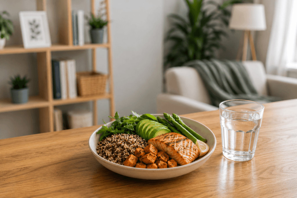 A balanced meal bowl with grilled salmon, quinoa, roasted sweet potato, avocado, asparagus, and greens, served with a glass of water