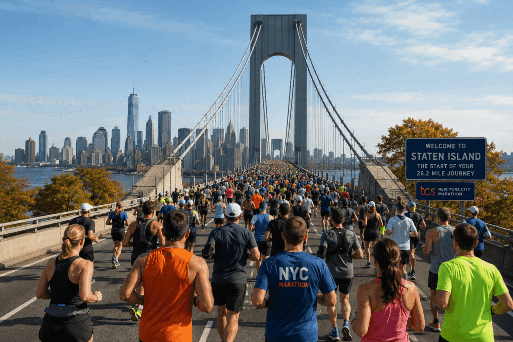 Runners crossing the Verrazzano-Narrows Bridge at the TCS New York City Marathon start, with the Manhattan skyline in the background