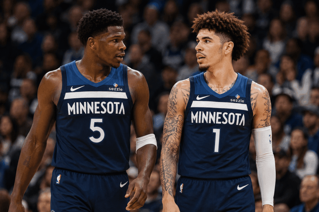 Anthony Edwards (No. 5) and LaMelo Ball (No. 1) stand together on the court in Minnesota Timberwolves uniforms
