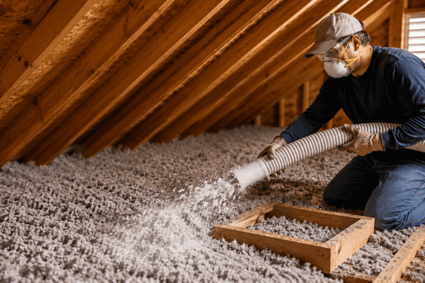 Worker in protective gear blowing loose-fill insulation into a home attic using a hose