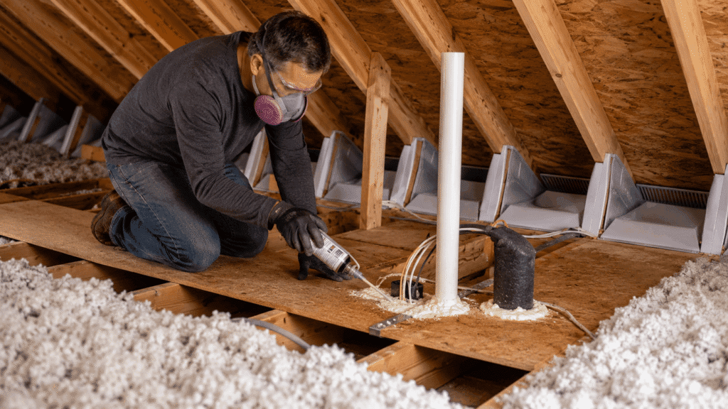 DIYer wearing respirator and safety glasses applying spray foam around a plumbing stack penetration in an attic floor, with soffit baffles and blown-in cellulose insulation visible nearby