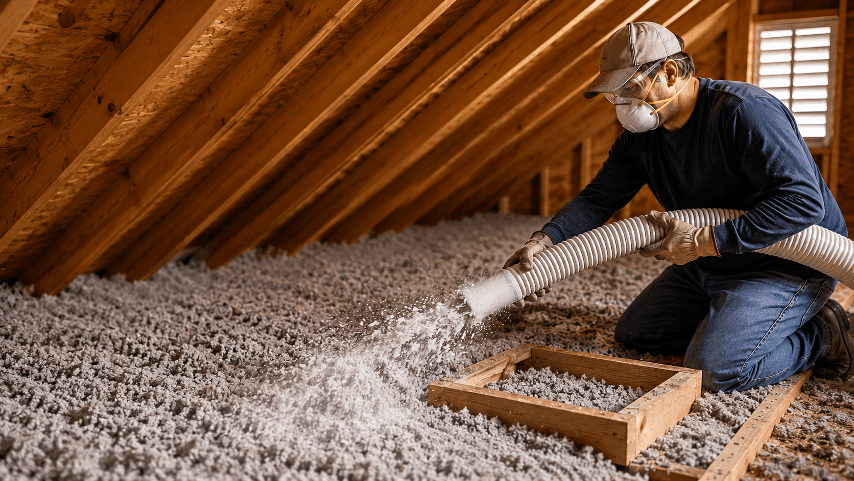 Worker in protective gear blowing loose-fill insulation into a home attic using a hose