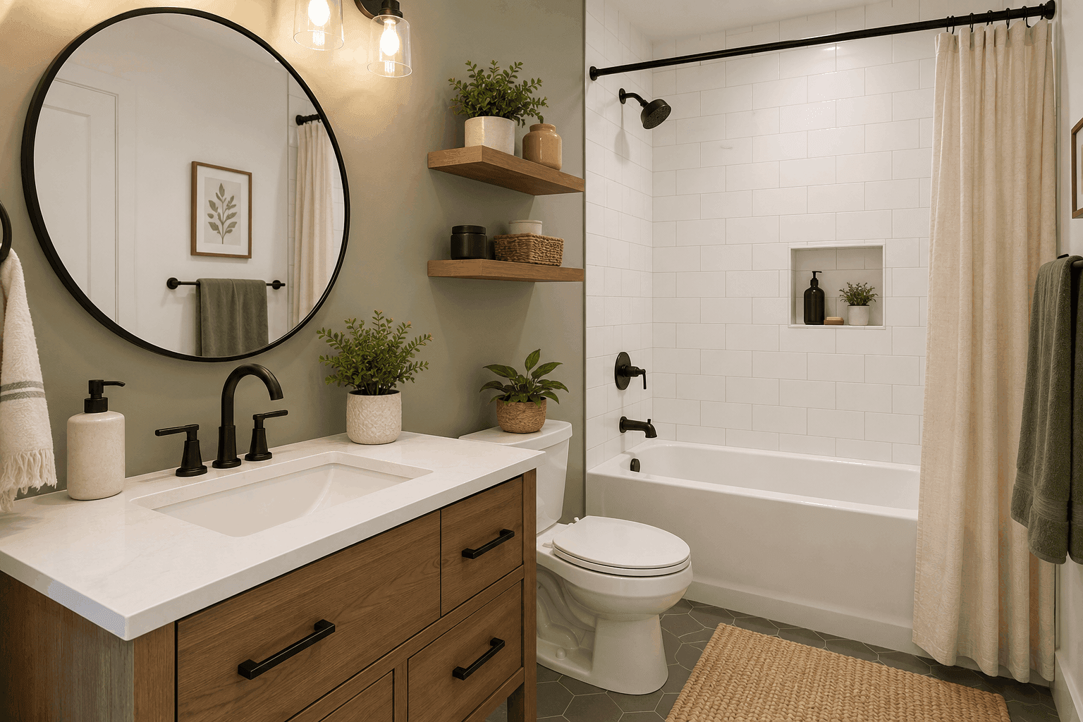 Modern bathroom with wood vanity, round black-framed mirror, white subway tile tub surround, floating shelves, and sage green walls