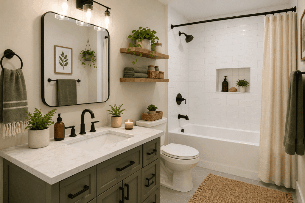 Refreshed bathroom featuring a painted green vanity, matte black fixtures, open wood shelving, and white subway tile tub surround