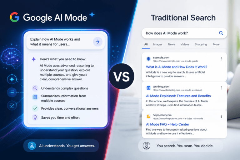Google AI Mode vs Traditional Search: AI Mode provides direct, conversational answers by reasoning across sources, while traditional search returns a list of links to browse