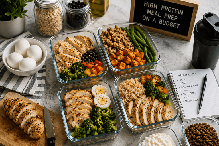 Four glass meal prep containers filled with sliced chicken, brown rice, broccoli, eggs, and vegetables, beside a grocery list and a sign reading High Protein Meal Prep On A Budget
