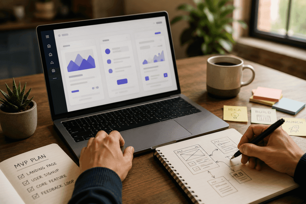 Founder sketching app wireframes beside an MVP plan checklist and a laptop displaying a UI prototype, illustrating the vibe coding workflow