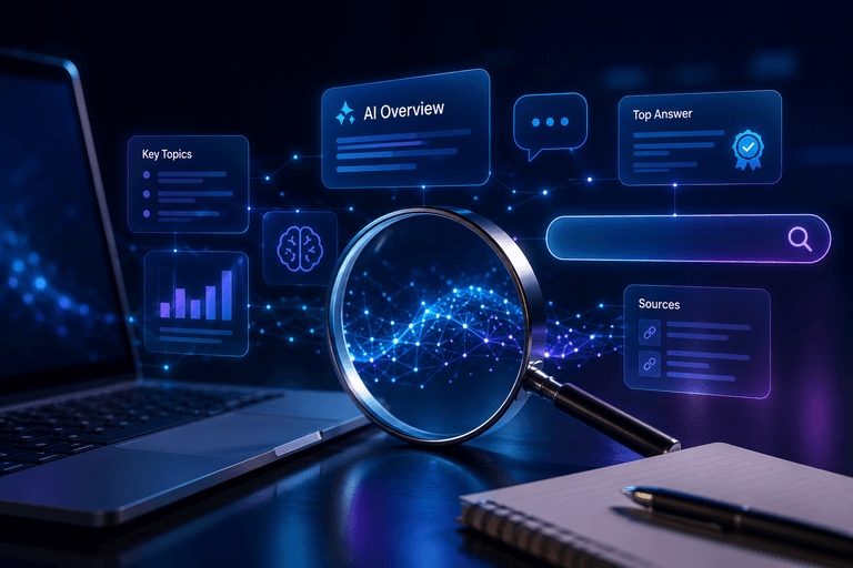 Magnifying glass over a glowing AI network with floating UI panels labeled AI Overview, Top Answer, Key Topics, and Sources, illustrating GEO concepts