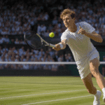 Tennis player in all-white attire hitting a forehand shot on a grass court before a packed crowd at Wimbledon