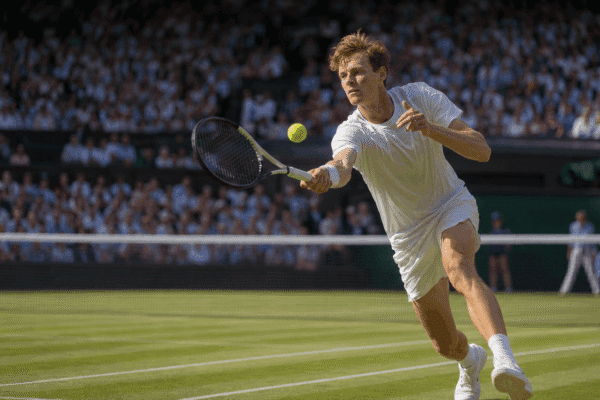 Tennis player in all-white attire hitting a forehand shot on a grass court before a packed crowd at Wimbledon