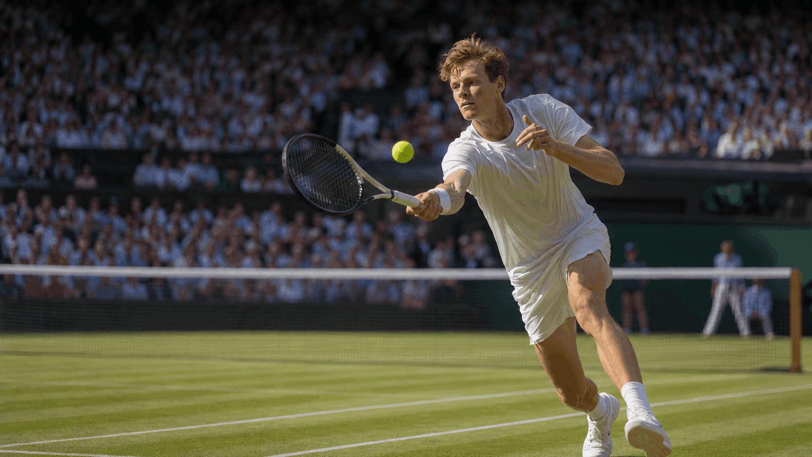 Tennis player in all-white attire hitting a forehand shot on a grass court before a packed crowd at Wimbledon