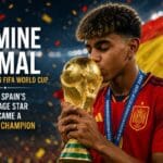 Lamine Yamal kissing the FIFA World Cup trophy, with text: How Spain's teenage star became a World Champion at the 2026 FIFA World Cup