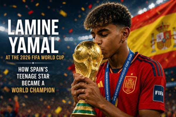 Lamine Yamal kissing the FIFA World Cup trophy, with text: How Spain's teenage star became a World Champion at the 2026 FIFA World Cup