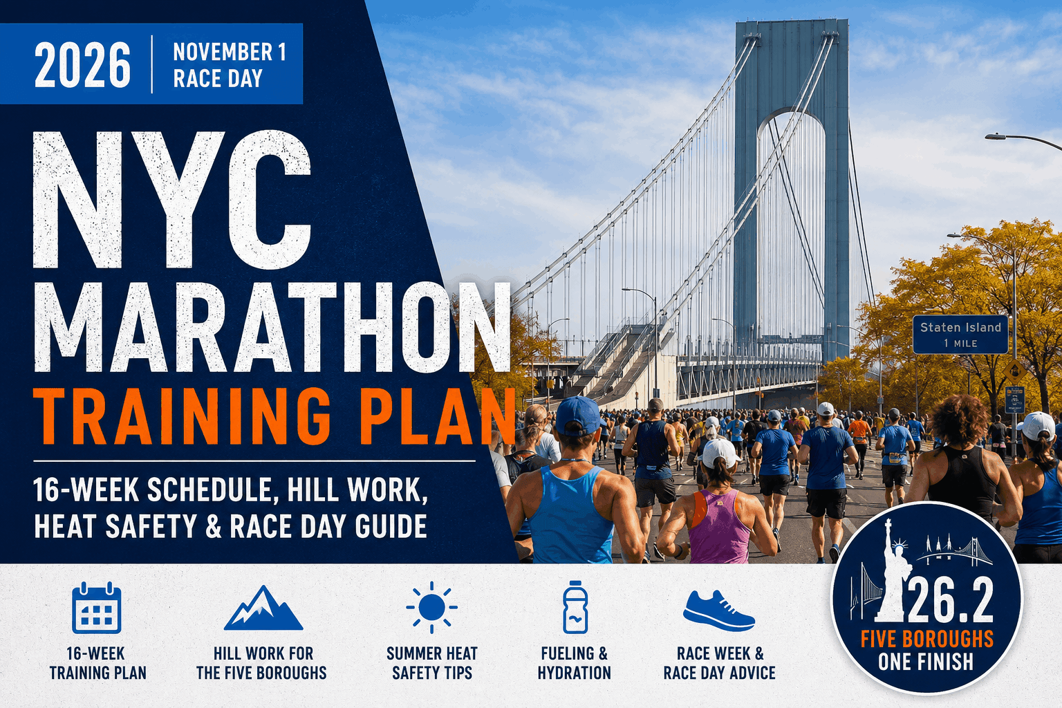 2026 NYC Marathon Training Plan — November 1 Race Day. 16-week schedule, hill work, heat safety & race day guide. 26.2 miles, five boroughs, one finish