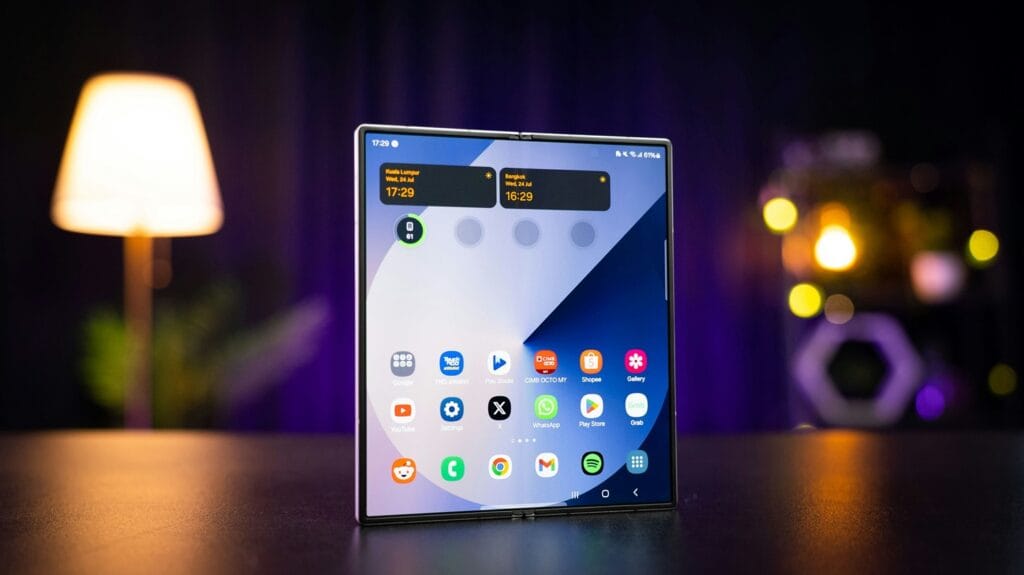Samsung Galaxy Z Fold 8 Ultra fully unfolded, showing the 8.0-inch inner display with One UI 8 home screen and app grid