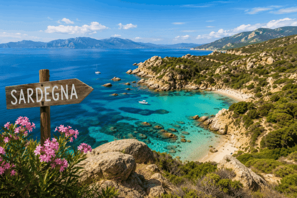 Sardegna wooden directional sign overlooking a turquoise cove with rocky coastline, sandy beach, and mountains in the background