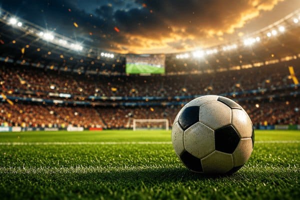 Soccer ball on the pitch of a packed stadium under floodlights, evoking the atmosphere of the 2026 FIFA World Cup
