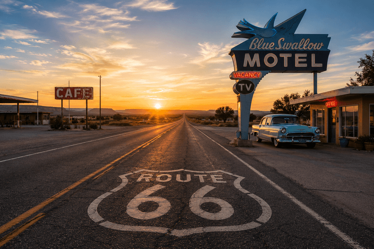 Blue Swallow Motel sign and vintage car beside Route 66 road marking at sunset in Tucumcari, New Mexico