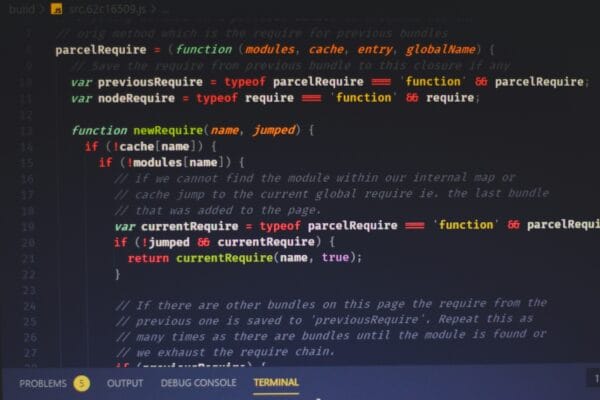 JavaScript code in a code editor showing the parcelRequire module bundler runtime, including newRequire function logic