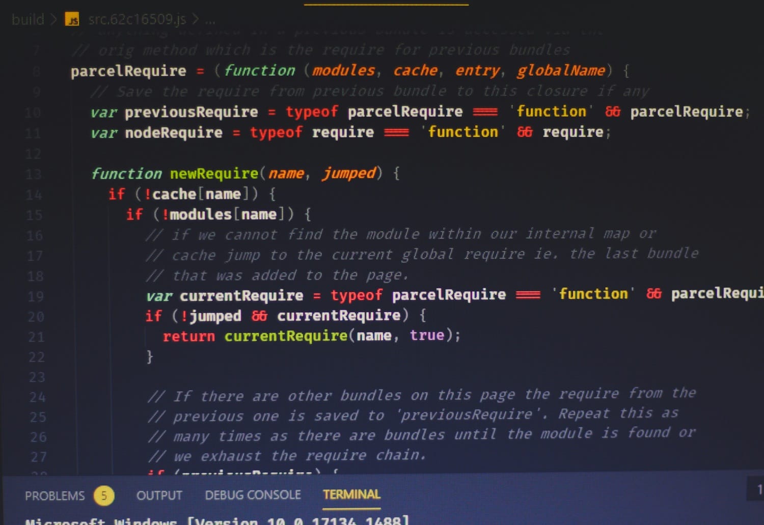 JavaScript code in a code editor showing the parcelRequire module bundler runtime, including newRequire function logic