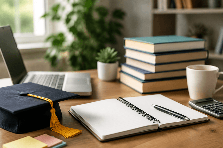 Graduation cap, open notebook, stacked textbooks, and a laptop on a desk, representing short-term workforce education and Pell Grant planning