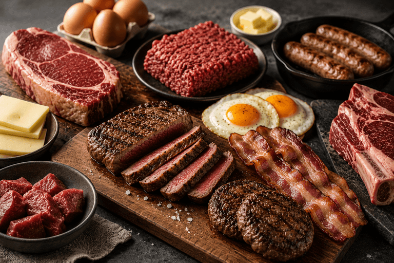 Carnivore diet staples including ribeye steak, ground beef, sliced steak, bacon, fried eggs, sausages, butter, cheese, and raw beef cubes