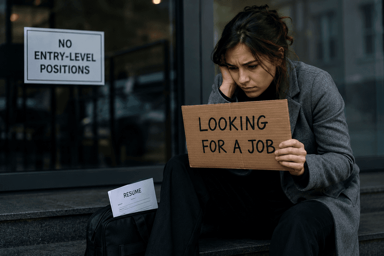 Dejected job seeker holding a cardboard sign reading "Looking for a Job," sitting outside a building posted with a "No Entry-Level Positions" sign, resume beside her