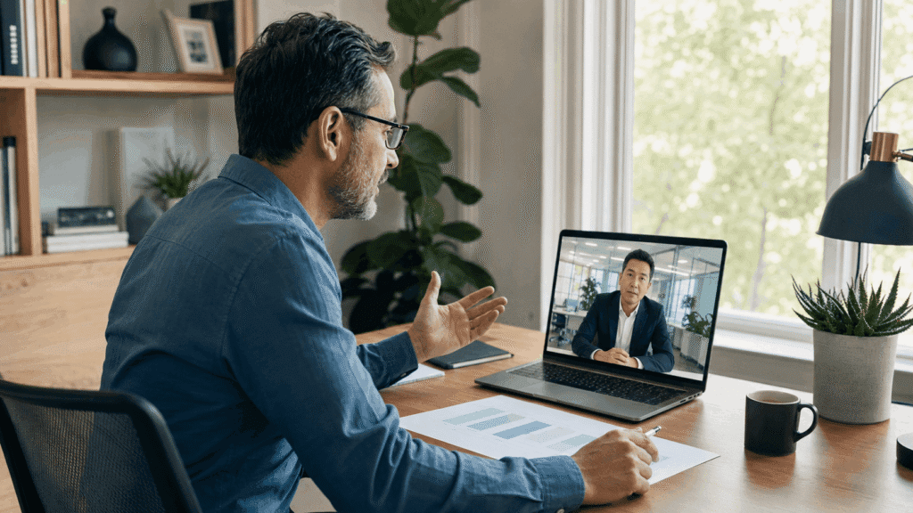 Man working from home having a video call with a colleague on a laptop, with charts on his desk