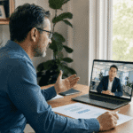 Man working from home having a video call with a colleague on a laptop, with charts on his desk