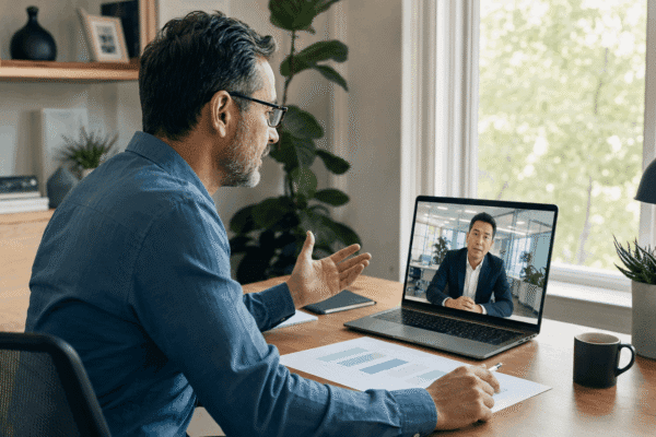 Man working from home having a video call with a colleague on a laptop, with charts on his desk
