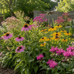Backyard pollinator garden with coneflowers, black-eyed Susans, bee balm, and butterfly weed attracting bees, butterflies, and a hummingbird