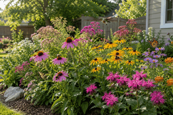 Backyard pollinator garden with coneflowers, black-eyed Susans, bee balm, and butterfly weed attracting bees, butterflies, and a hummingbird