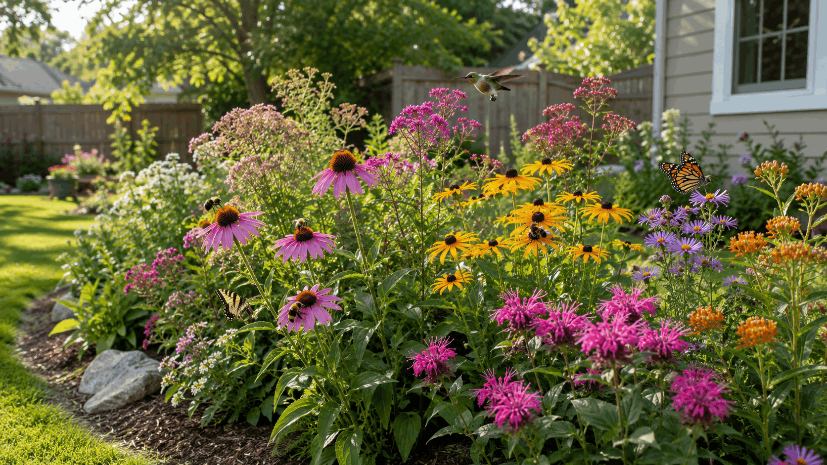 Backyard pollinator garden with coneflowers, black-eyed Susans, bee balm, and butterfly weed attracting bees, butterflies, and a hummingbird