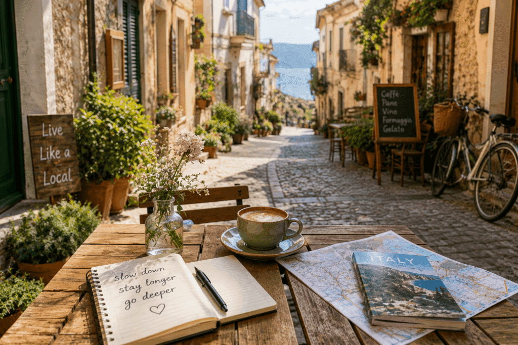 Outdoor café table on a cobblestone Italian street with a notebook reading "slow down, stay longer, go deeper," a cappuccino, and an Italy travel guide