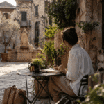 Person writing in a journal at an outdoor café table in a sunlit cobblestone alley of a historic European village