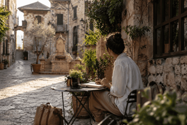 Person writing in a journal at an outdoor café table in a sunlit cobblestone alley of a historic European village