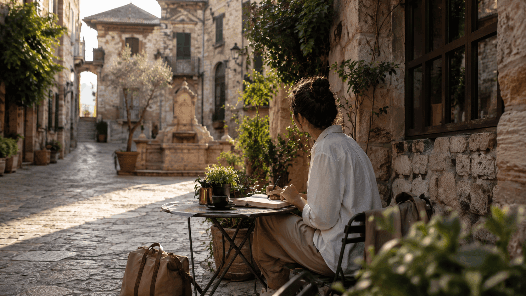 Person writing in a journal at an outdoor café table in a sunlit cobblestone alley of a historic European village